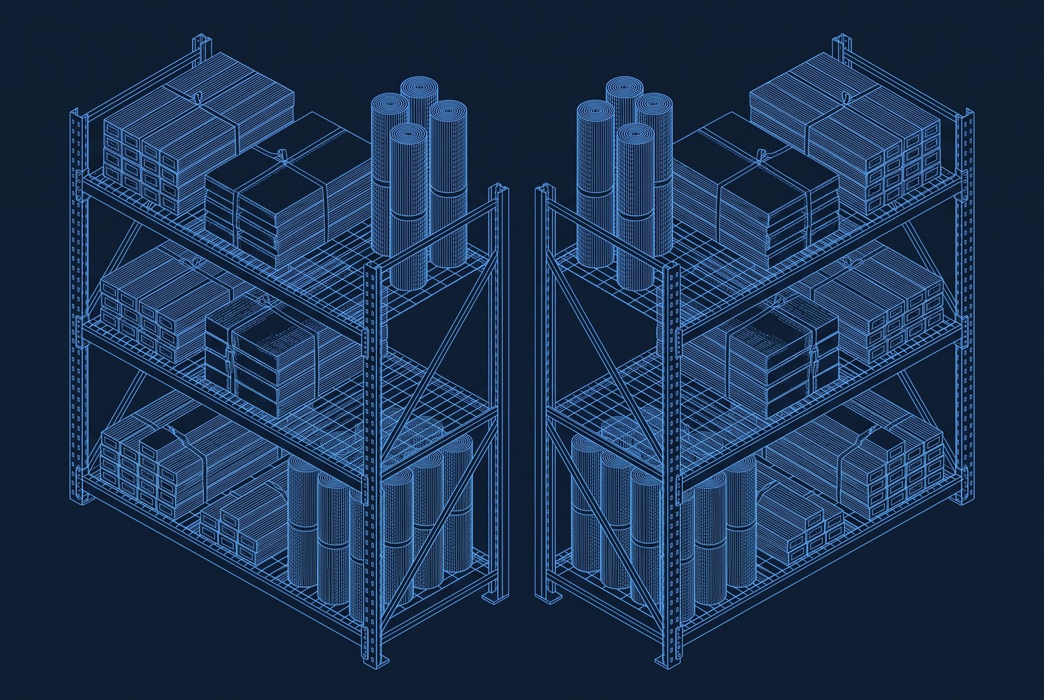 Drawing of warehouse racking stacked with flooring boxes and carpet rolls