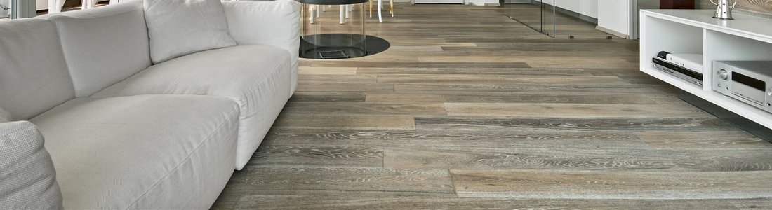 Living room with wood-look plank flooring
