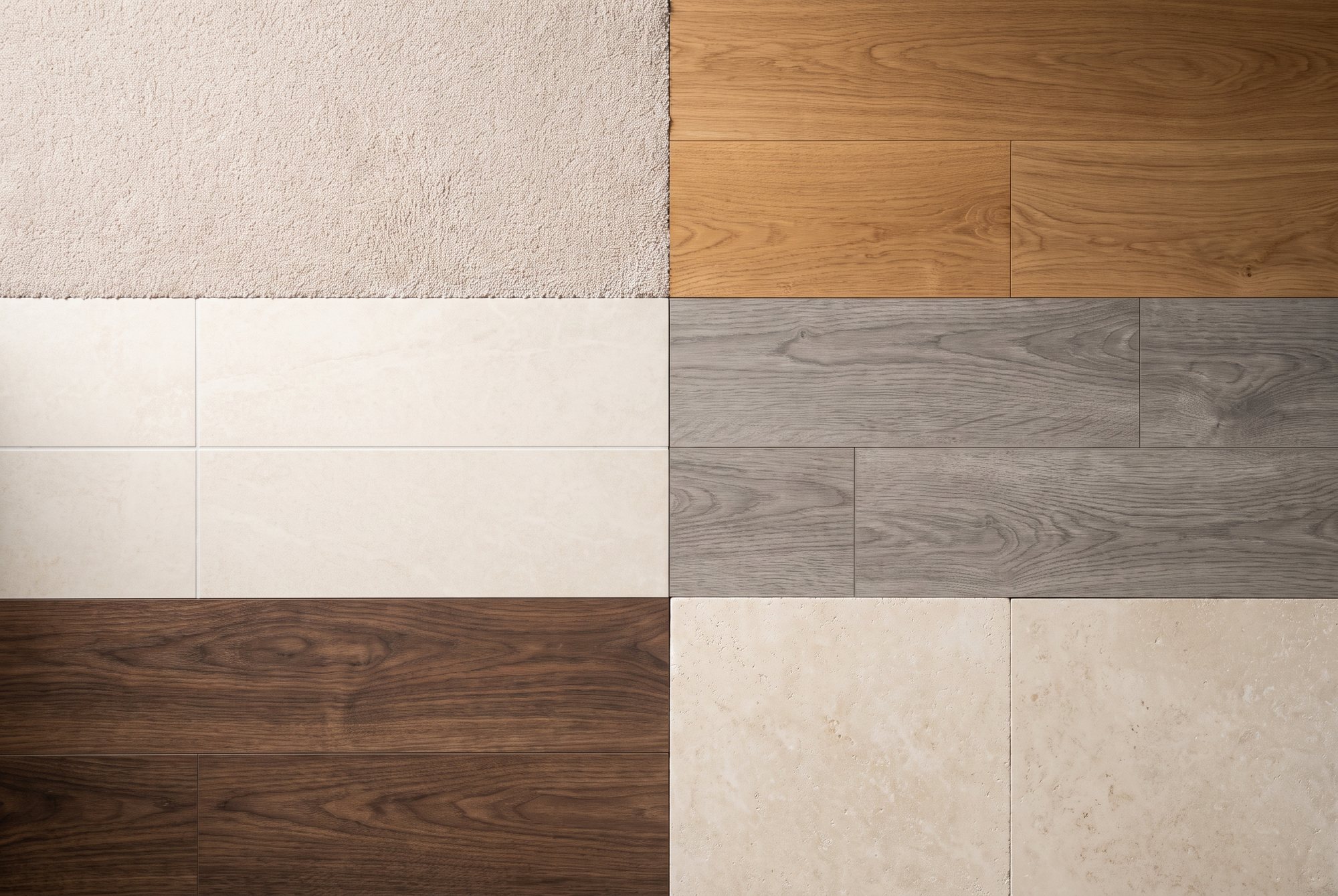 Carpet, oak, tile, laminate, vinyl plank and travertine laid side by side